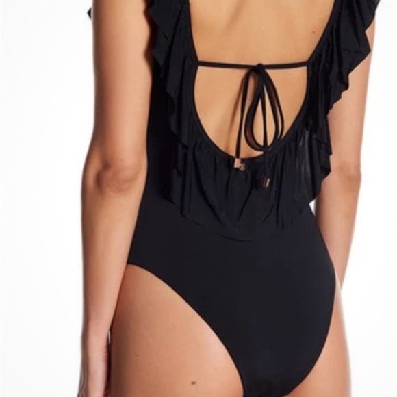 Burgundy Asymmetrical Ruffled Bodysuit Swimwear Women’s size Small - Picture 12 of 14